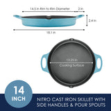 14-in NITRO Cast Iron Skillet Frying Pan with Helper Handle and Pour Spouts